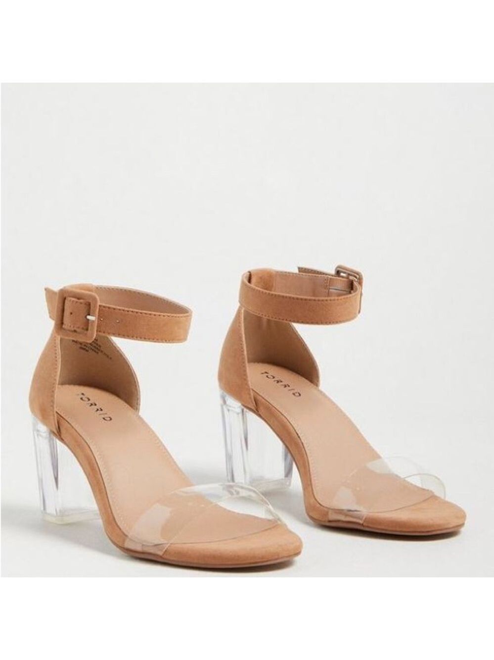 torrid Tan Suede Translucent Ankle Strap Sandals with Clear Block Heel 9WW